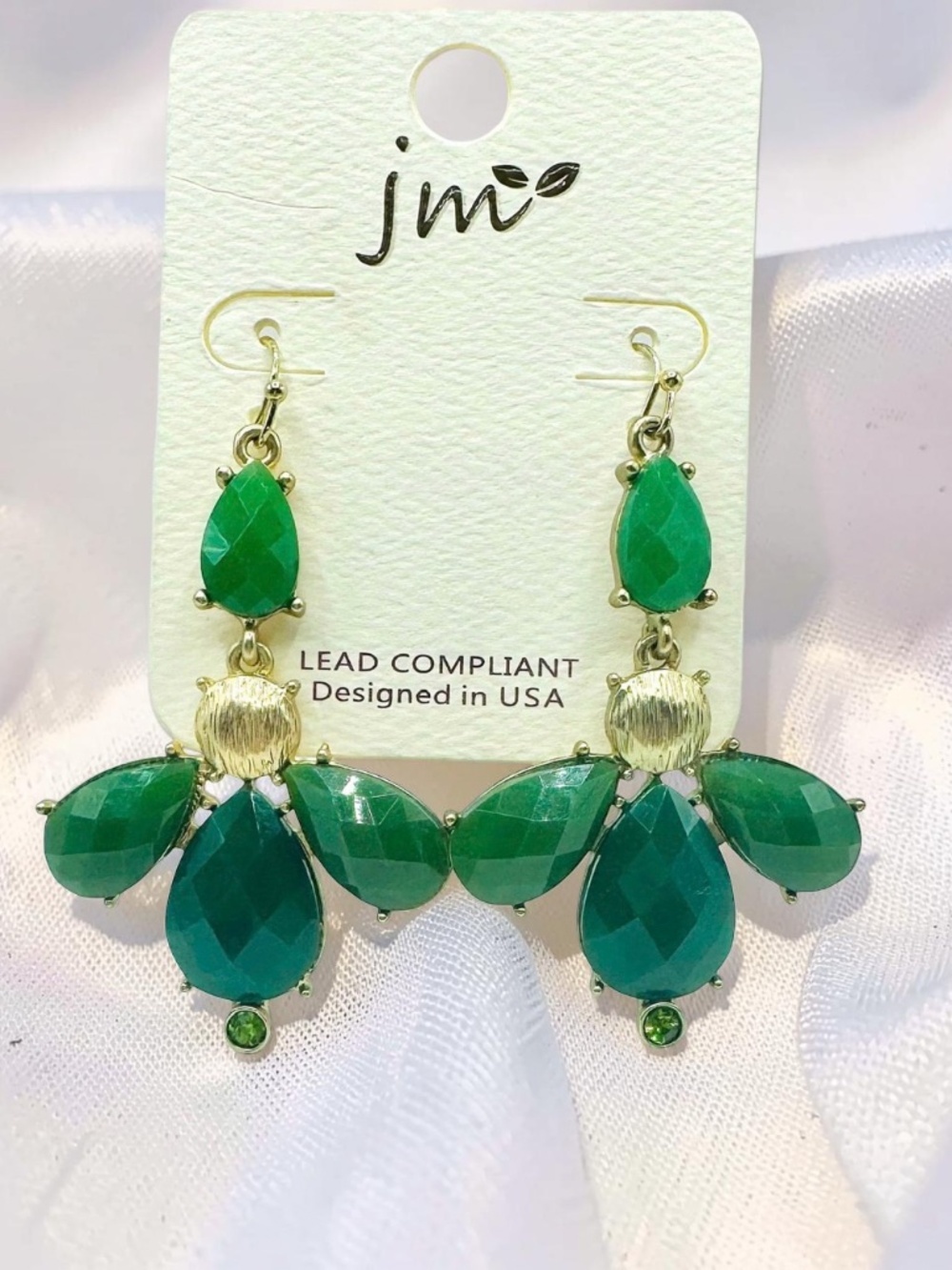 Emerald Green Teardrop Statement Dangle Earrings Gold Tone Boho Glam Jewelry